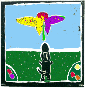 Butch chasing the rainbow coloured bird.