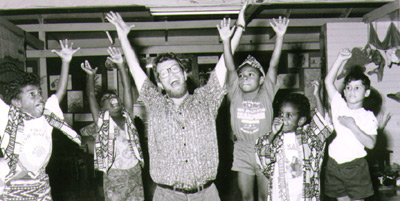 Performing with students at Weipa.