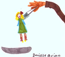 Drawing of a girl held up by giant hand and forceps.