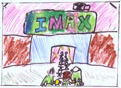 Drawing of a crowd and the Brains family entering IMAX.