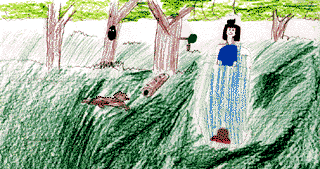 Colouring pencil drawing of pool, lizard and log.