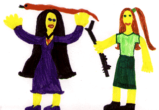 Felt pen drawing of Rebekah about to hit snake on Mrs Smallhorn's head.